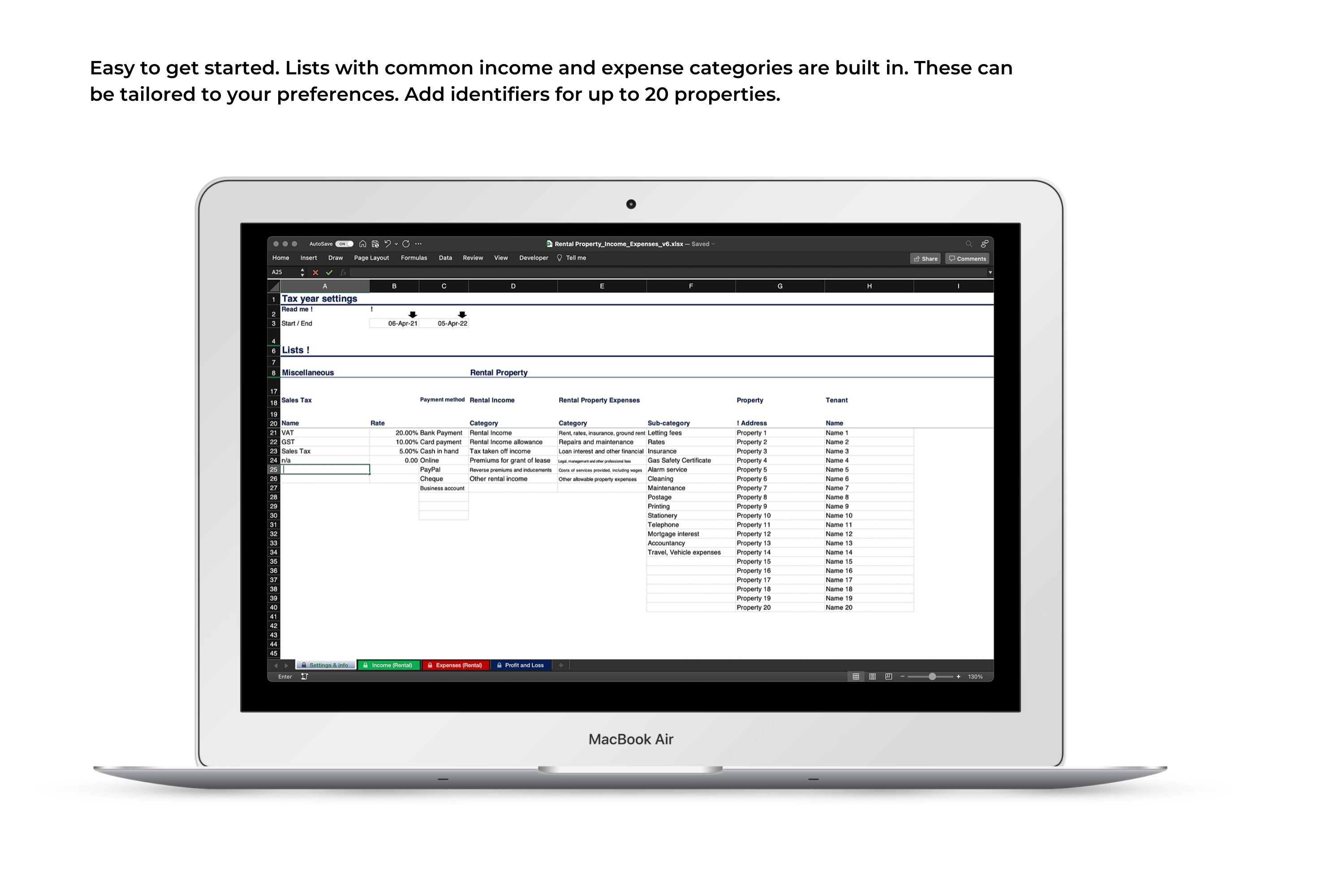 Visual of Property Income ledger spreadsheet