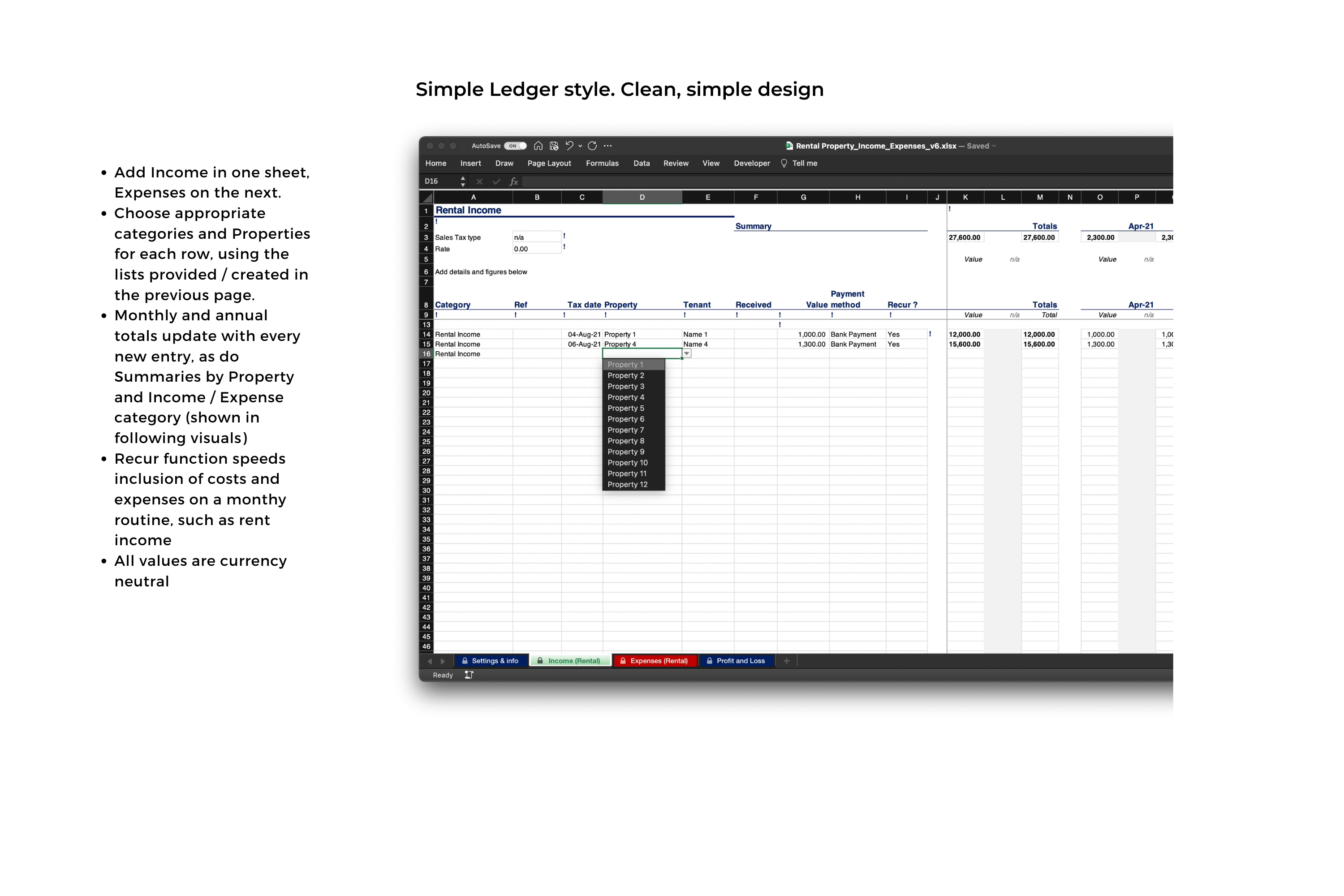 Visual of Property Income ledger spreadsheet
