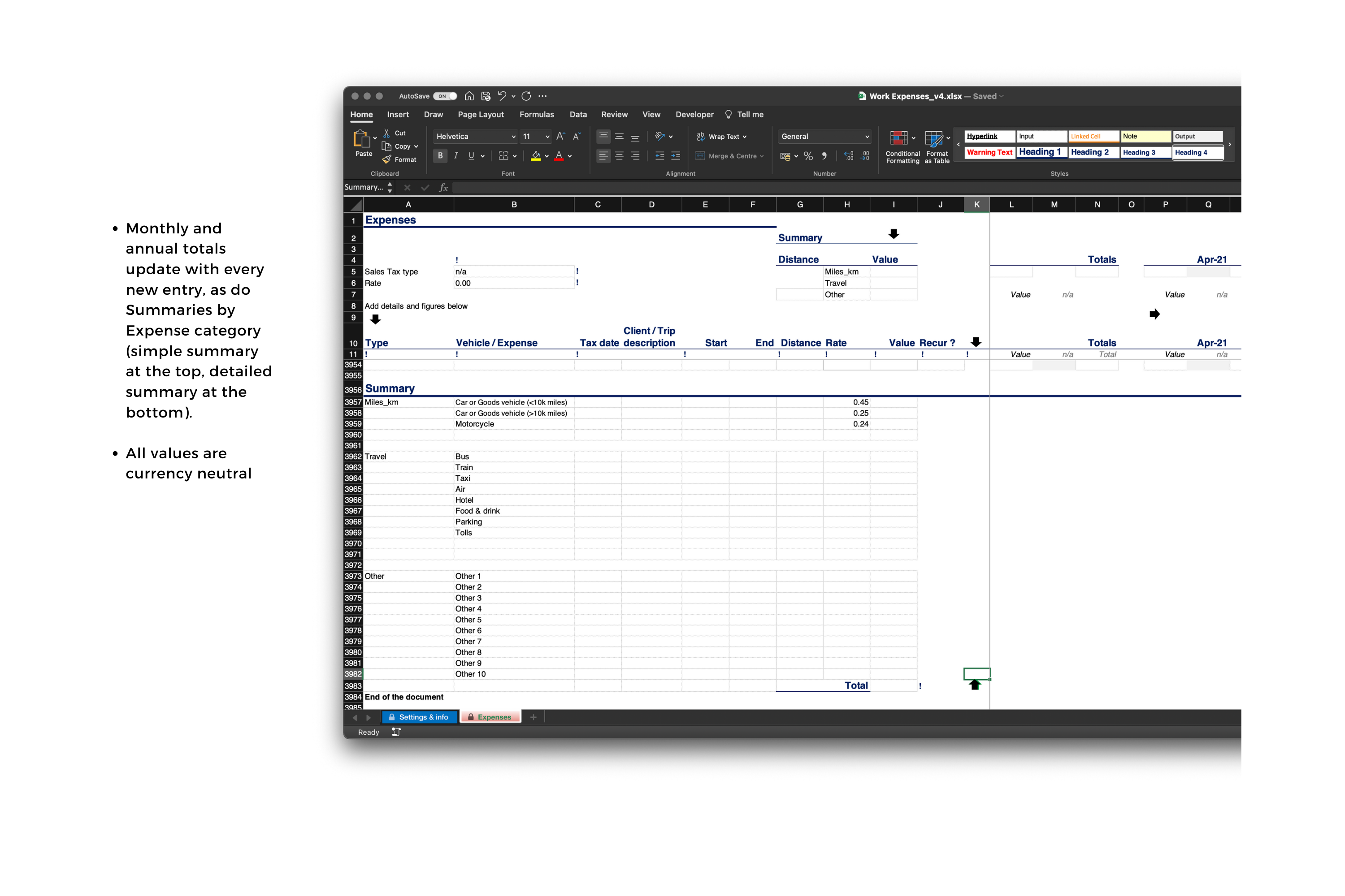 Visual of Expenses ledger spreadsheet