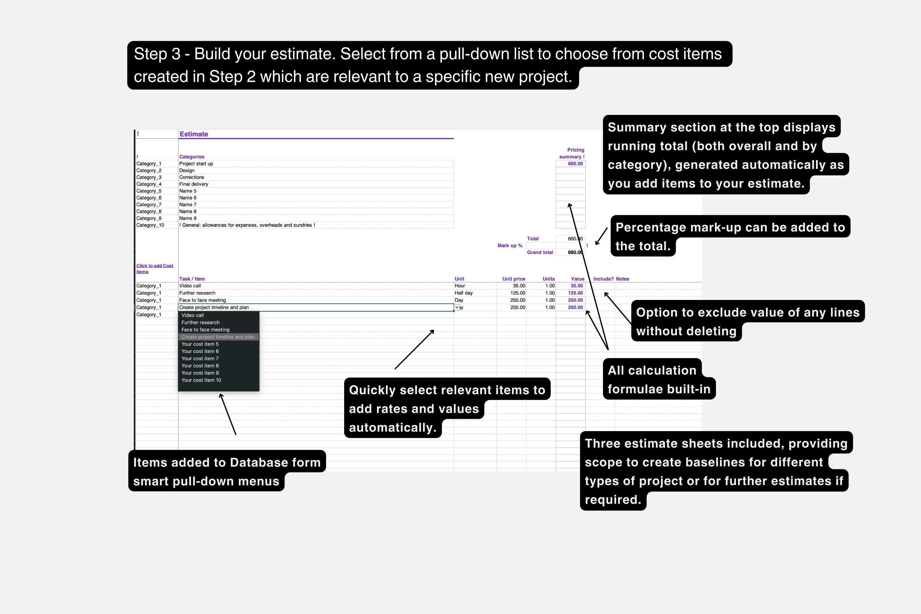 Image of Excel spreadsheet which functions as a Project Pricing Estimate calculator